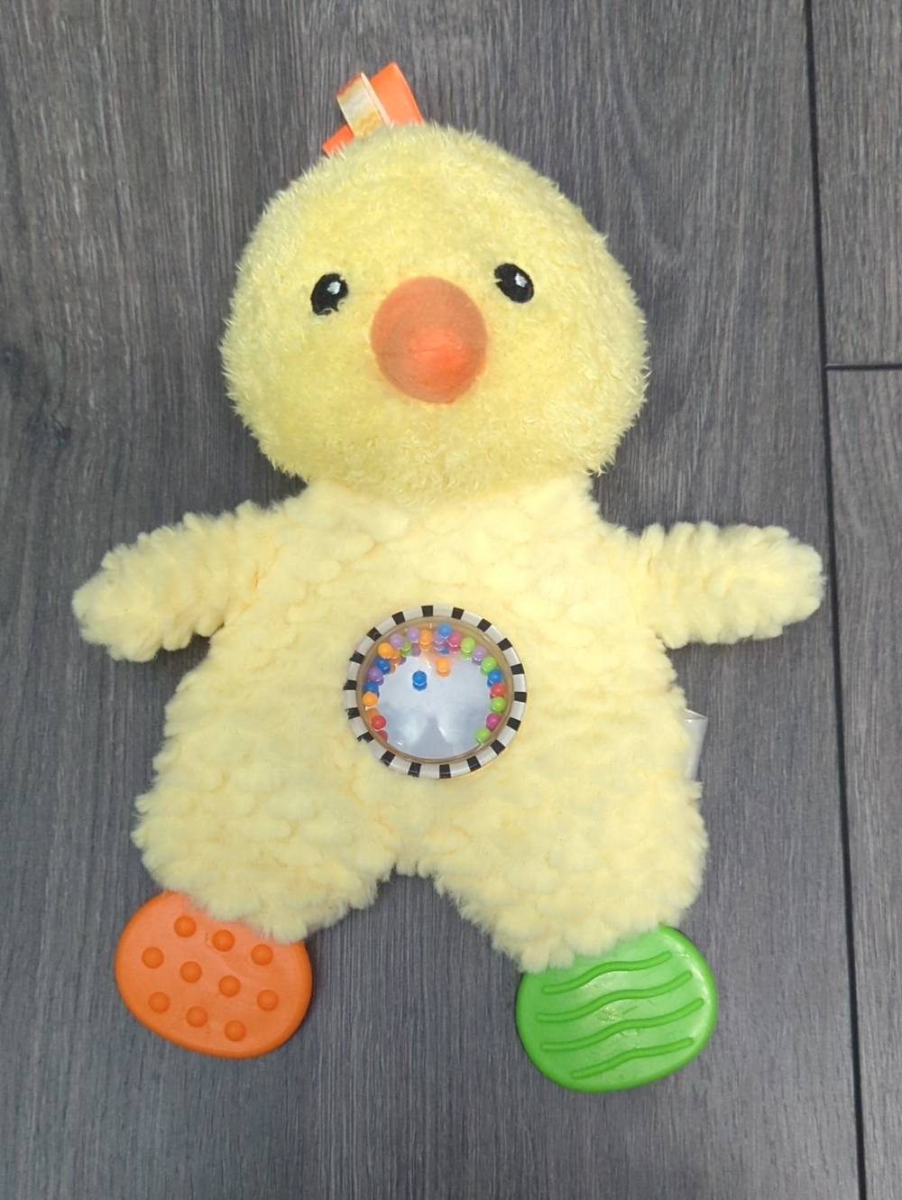 Plush Yellow Chick Sensory Toy with Orange Beak and Teethers